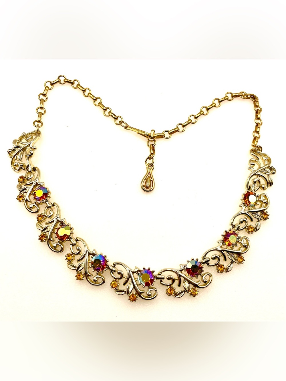 Vintage Coro Gold Tone Aurora Borealis Rhinestone Necklace Scroll Floral MCM